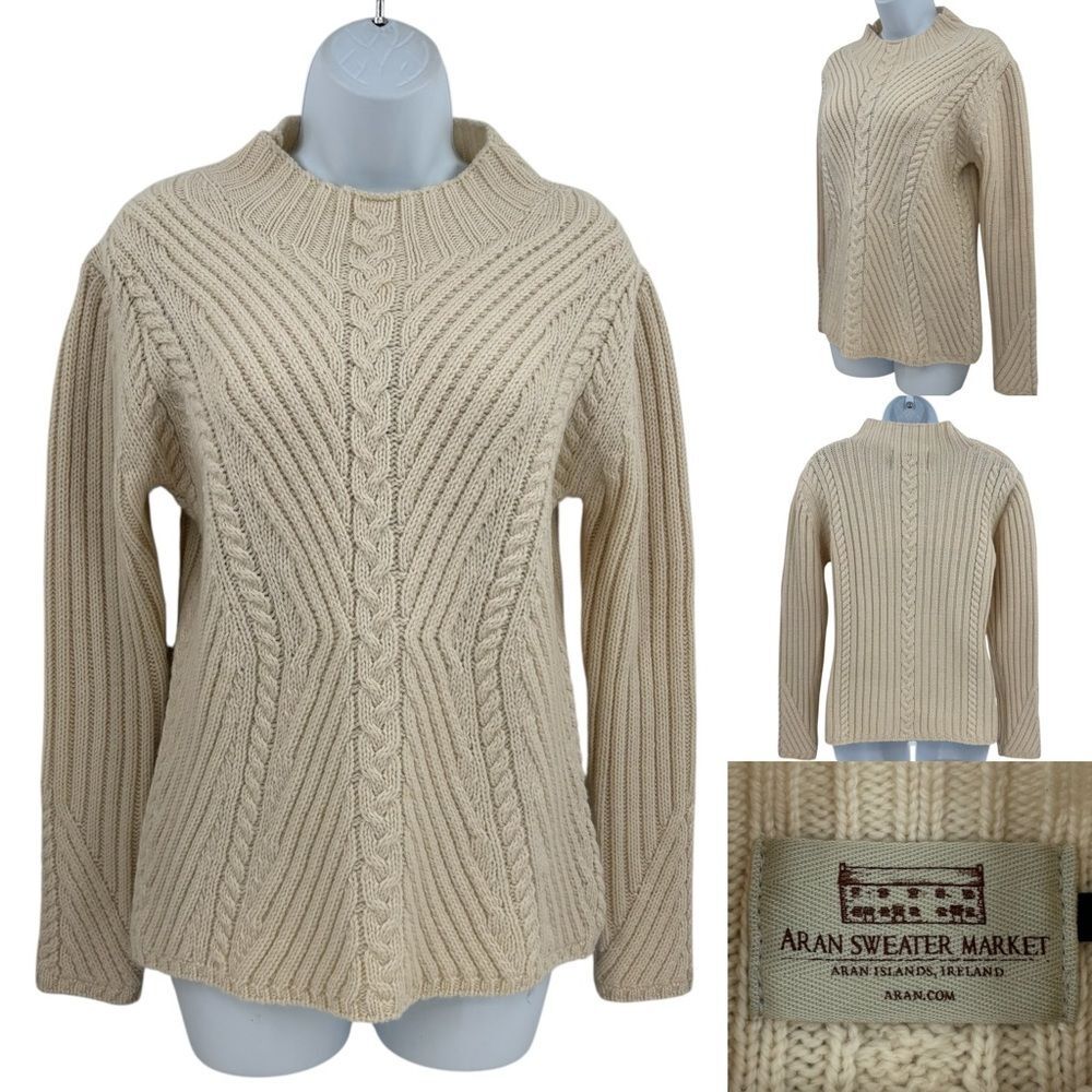 Aran Sweater Market Merino Wool Funnel (Mock) Neck Ribbed Cable Knit Sweater